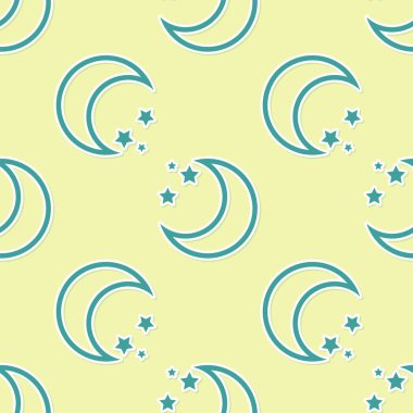 Yeşil Ay ve yıldızların ikonu sarı arkaplandaki kusursuz deseni izole etti. Vektör İllüstrasyonu