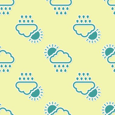 Yeşil Bulut, yağmur ve güneş ikonuyla izole edilmiş sarı arka planda, pürüzsüz desen. Yağmur damlaları ile yağmur bulutu yağışı. Vektör İllüstrasyonu