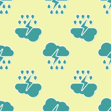 Yeşil Bulut, yağmur ve şimşek simgesi ile sarı arka planda izole edilmiş kusursuz desen. Yağmur damlalı yağmur bulutu yağışı. Fırtına ikonu. Vektör İllüstrasyonu