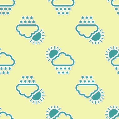 Kar ve güneş ikonlu yeşil bulut sarı arka planda izole edilmiş pürüzsüz desen. Kar taneli bulut. Tek hava ikonu. Kar tabelası. Vektör İllüstrasyonu