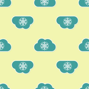 Kar ikonlu yeşil bulut sarı arka planda izole edilmiş pürüzsüz desen. Kar taneli bulut. Tek hava ikonu. Kar tabelası. Vektör İllüstrasyonu