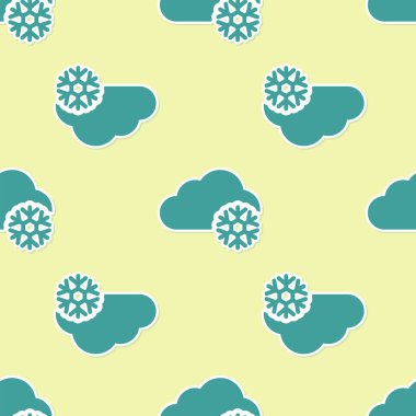 Kar ikonlu yeşil bulut sarı arka planda izole edilmiş pürüzsüz desen. Kar taneli bulut. Tek hava ikonu. Kar tabelası. Vektör İllüstrasyonu