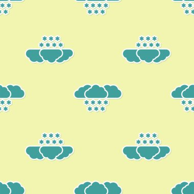 Kar ikonlu yeşil bulut sarı arka planda izole edilmiş pürüzsüz desen. Kar taneli bulut. Tek hava ikonu. Kar tabelası. Vektör İllüstrasyonu