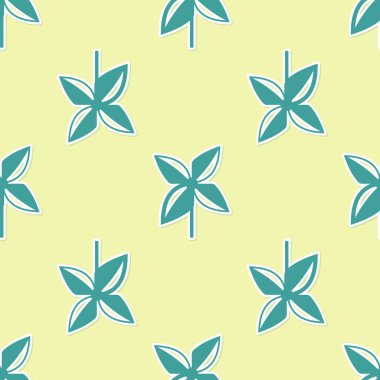 Yeşil Fırıldak simgesi sarı arkaplanda izole edilmiş pürüzsüz desen. Yel değirmeni oyuncak ikonu. Vektör İllüstrasyonu