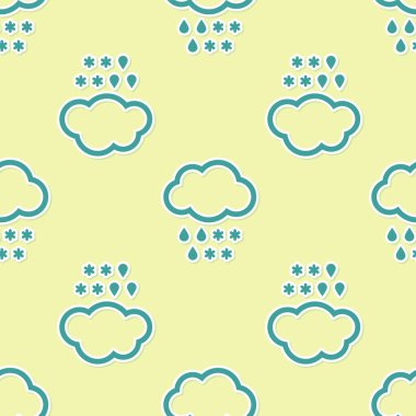 Kar ve yağmur ikonlu Yeşil Bulut sarı arka planda izole edilmiş pürüzsüz desen. Hava durumu simgesi. Vektör İllüstrasyonu