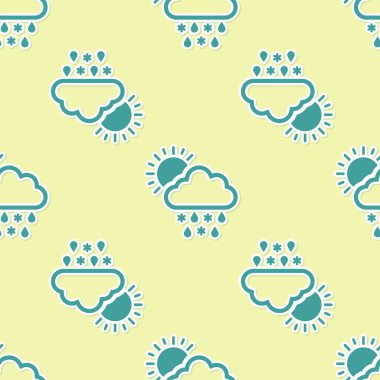 Kar, yağmur ve güneş ikonu ile yeşil bulut sarı arka planda izole edilmiş kusursuz desen. Hava durumu simgesi. Vektör İllüstrasyonu