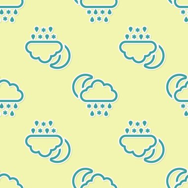 Kar ve yağmur ikonlu Yeşil Bulut sarı arka planda izole edilmiş pürüzsüz desen. Hava durumu simgesi. Vektör İllüstrasyonu