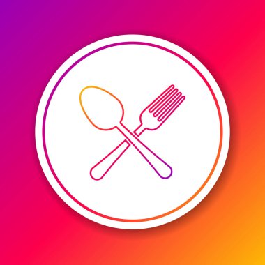 Renk arkaplanda ayrık çatal ve kaşık simgesi var. Mutfak aletleri. Çatal bıçak seti. Çember beyaz düğme. Vektör İllüstrasyonu