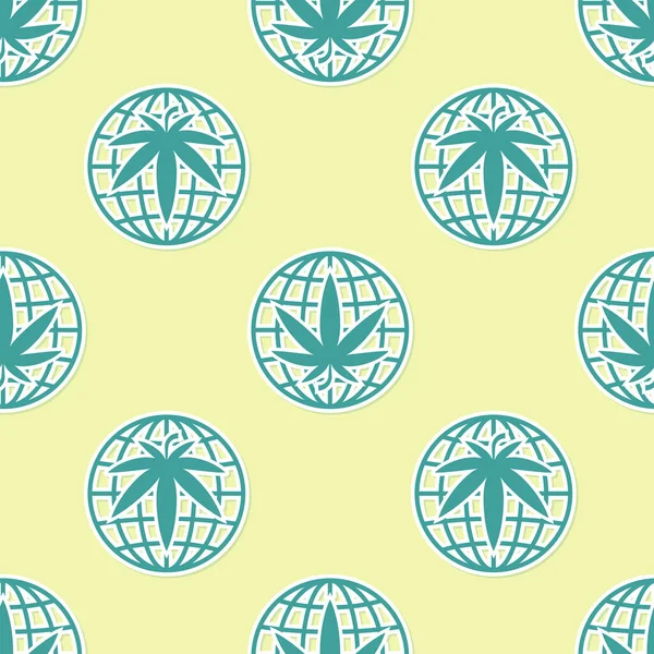 Green Legalize marijuana or cannabis globe symbol icon isolated seamless pattern on yellow background. Hemp symbol. Vector Illustration — Stock Vector