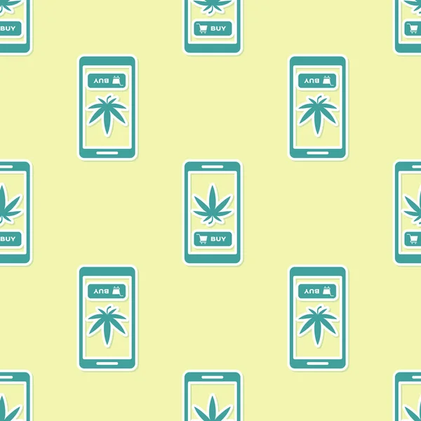 Téléphone portable vert et icône de marijuana médicale ou de feuille de cannabis isolé motif sans couture sur fond jaune. symbole d'achat en ligne. Panier de supermarché. Illustration vectorielle — Image vectorielle