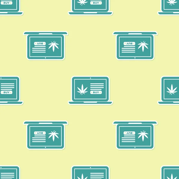 Ordinateur portable vert et marijuana médicale ou icône de feuille de cannabis isolé motif sans couture sur fond jaune. symbole d'achat en ligne. Panier de supermarché. Illustration vectorielle — Image vectorielle