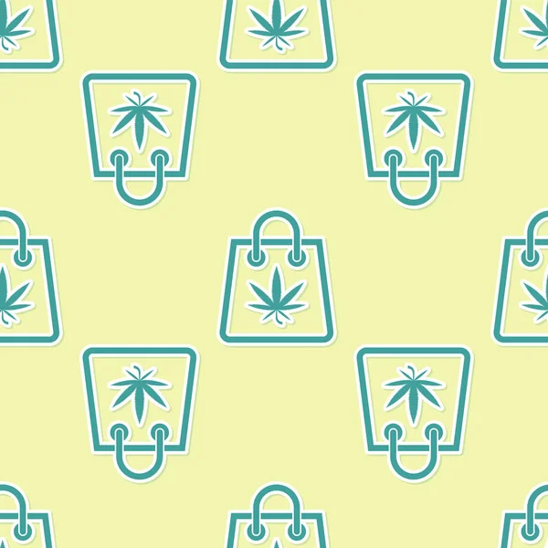 Sac en papier vert Shopping de marijuana médicale ou icône de feuille de cannabis isolé motif sans couture sur fond jaune. Acheter du cannabis. Symbole de chanvre. Illustration vectorielle — Image vectorielle