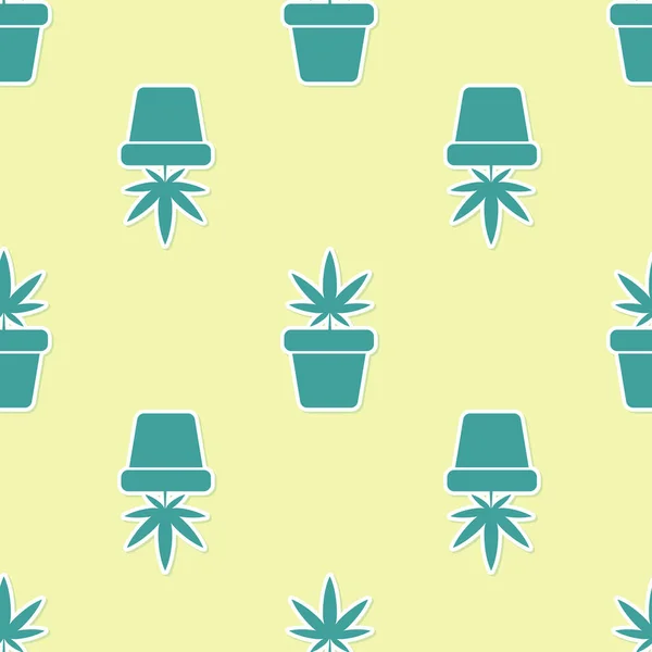 Marihuana medicinal verde o planta de cannabis en maceta icono aislado patrón sin costura sobre fondo amarillo. Concepto de cultivo de marihuana. Planta en maceta de cáñamo. Ilustración vectorial — Vector de stock