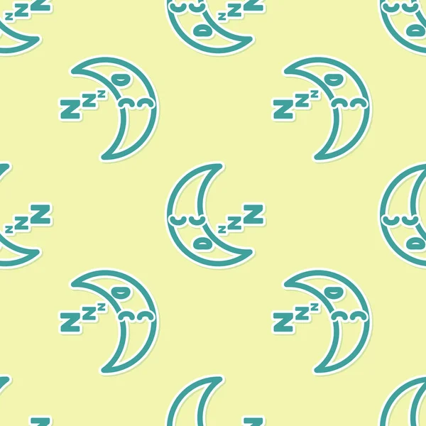 Grön måne ikon isolerad sömlös mönster på gul bakgrund. Molnigt natttecken. Sov drömmar symbol. Natt- eller sängdags skylt. Vektor Illustration — Stock vektor
