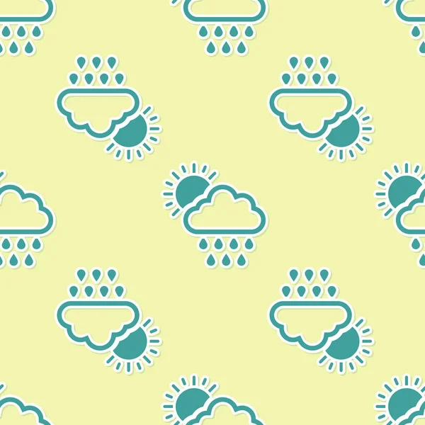 Yeşil Bulut, yağmur ve güneş ikonuyla izole edilmiş sarı arka planda, pürüzsüz desen. Yağmur damlaları ile yağmur bulutu yağışı. Vektör İllüstrasyonu