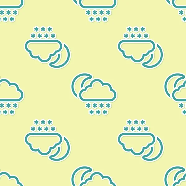 Kar ve ay ikonuna sahip Yeşil Bulut sarı arka planda izole edilmiş pürüzsüz desen. Kar taneli bulut. Tek hava ikonu. Kar tabelası. Vektör İllüstrasyonu