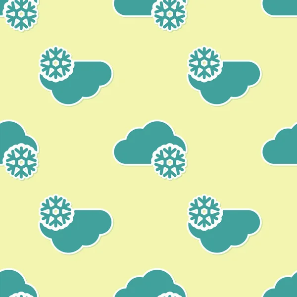 Green Cloud with snow icon isolated seamless pattern on yellow background. Cloud with snowflakes. Single weather icon. Snowing sign. Vector Illustration — Stock Vector