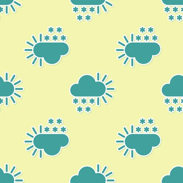 Kar ikonuna sahip yeşil bulutlu sarı arka planda izole edilmiş pürüzsüz desen. Kar taneli bulut. Tek hava ikonu. Kar tabelası. Vektör İllüstrasyonu