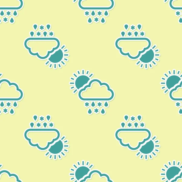 Kar, yağmur ve güneş ikonu ile yeşil bulut sarı arka planda izole edilmiş kusursuz desen. Hava durumu simgesi. Vektör İllüstrasyonu
