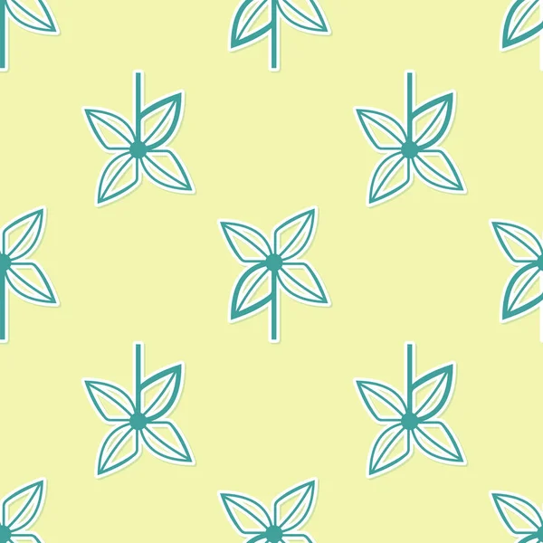 Ícone Pinwheel verde isolado padrão sem costura no fundo amarelo. Ícone de brinquedo de moinho. Ilustração vetorial — Vetor de Stock