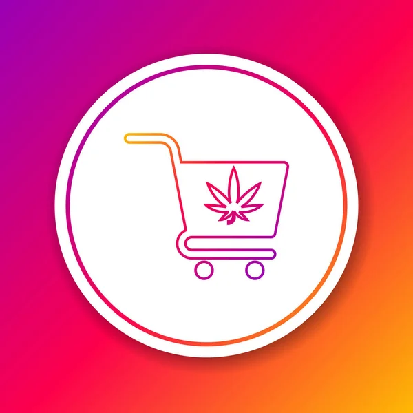 Línea de color Cesta con marihuana o icono de hoja de cannabis aislado sobre fondo de color. Compra en línea. Servicio de entrega. Cesta del supermercado. Círculo botón blanco. Ilustración vectorial — Vector de stock