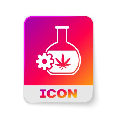 Beyaz arka planda marihuana ya da kenevir yaprağı ikonu bulunan beyaz kimyasal test tüpü. Araştırma konsepti. Laboratuvar Cbd yağı konsepti. Dikdörtgen renk düğmesi. Vektör İllüstrasyonu