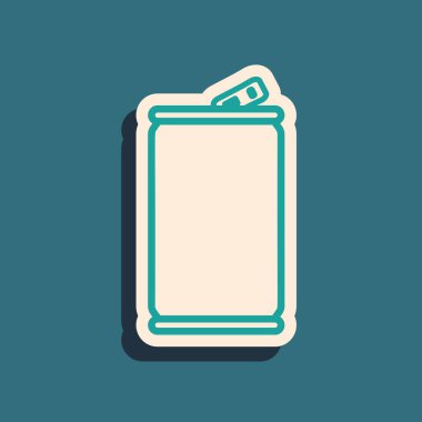 Mavi arkaplanda yeşil alüminyum kutu simgesi izole edildi. Uzun gölge tarzı. Vektör İllüstrasyonu