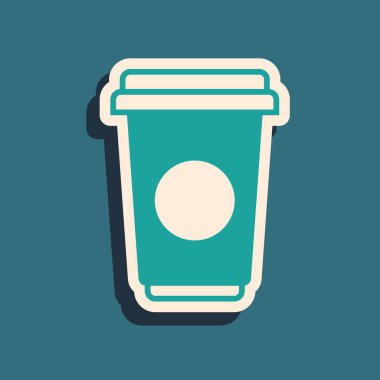 Yeşil Kahve fincan simgesi mavi arka plan üzerinde izole. Sıcak kahve ile tek kullanımlık kahve fincanı. Uzun gölge stili. Vektör İllüstrasyonu