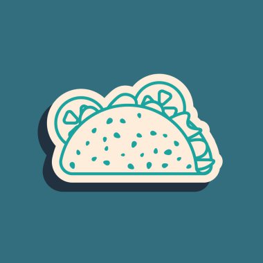 Mavi arka planda tortilla ikonlu yeşil taco. Geleneksel Meksika fast food 'u. Uzun gölge tarzı. Vektör İllüstrasyonu