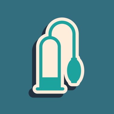 Green Penis pump icon isolated on blue background. Penis enlarger. Sex toy for men. Vacuum pump with a blower to increase the penis. Long shadow style. Vector Illustration