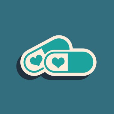 İktidar için yeşil haplar, mavi arka planda izole edilmiş afrodizyak ikonu. Erkekler ve kadınlar için seks hapları. Uzun gölge tarzı. Vektör İllüstrasyonu