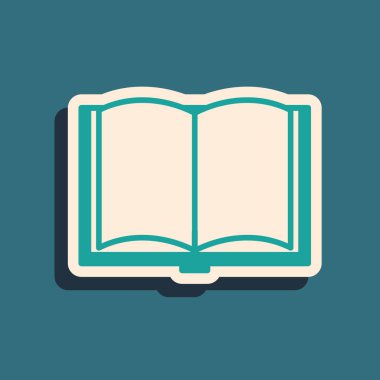 Mavi arkaplanda Yeşil Açık kitap simgesi izole edildi. Uzun gölge tarzı. Vektör İllüstrasyonu