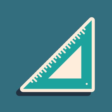 Mavi arkaplanda yeşil üçgen cetvel simgesi izole edildi. Düz sembol. Geometrik sembol. Uzun gölge tarzı. Vektör İllüstrasyonu