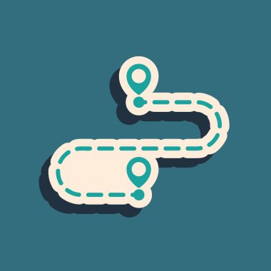 Yeşil Yol konum simgesi mavi arkaplanda izole edildi. Harita işaretçisi işareti. Yol ya da yol kavramı. GPS yön bulucu. Uzun gölge tarzı. Vektör İllüstrasyonu