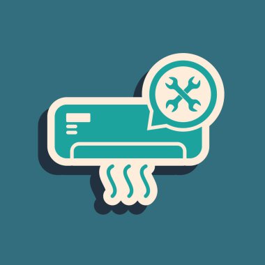 Mavi arka planda izole edilmiş tornavida ve anahtar ikonlu yeşil klima. Ayarlama, servis, ayar, bakım, onarım, onarım. Uzun gölge tarzı. Vektör İllüstrasyonu