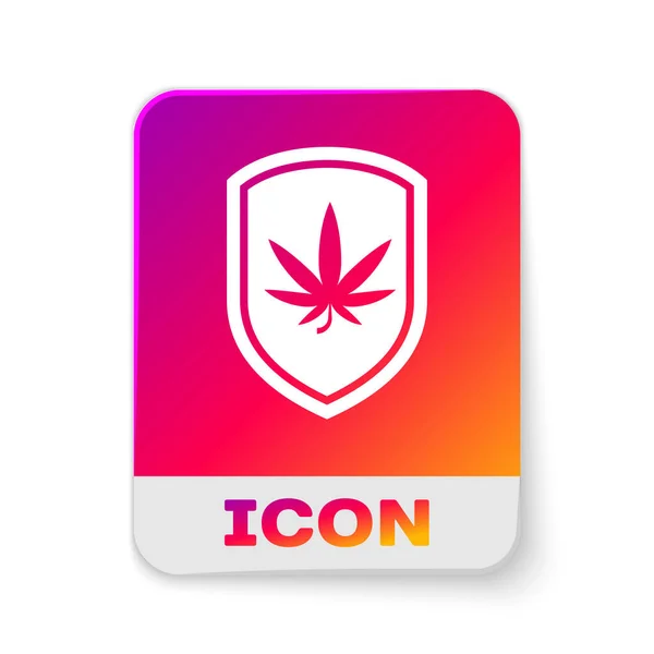 White Shield y el icono de la marihuana o la hoja de cannabis aislados sobre fondo blanco. Legalización de la marihuana. Un símbolo de cáñamo. Botón de color rectángulo. Ilustración vectorial — Vector de stock