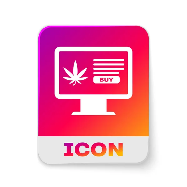 Monitor de computadora blanca y marihuana medicinal o icono de hoja de cannabis aislado sobre fondo blanco. Símbolo de compra online. Cesta del supermercado. Botón de color rectángulo. Ilustración vectorial — Vector de stock