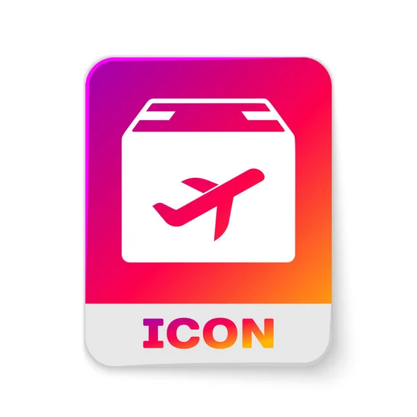 White Plane and cardboard box icon isolated on white background. Delivery, transportation. Cargo delivery by air. Airplane with parcels, boxes. Rectangle color button. Vector Illustration — ストックベクタ