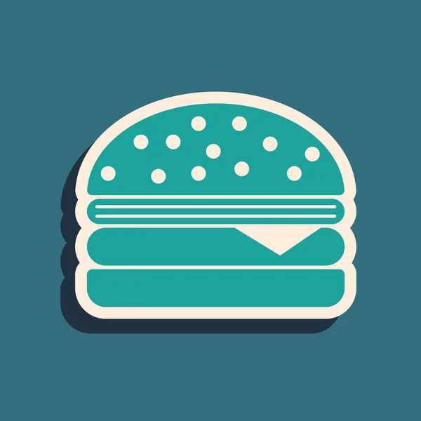 Green Burger icon isolated on blue background. Hamburger icon. Cheeseburger sandwich sign. Long shadow style. Vector Illustration — Stock Vector