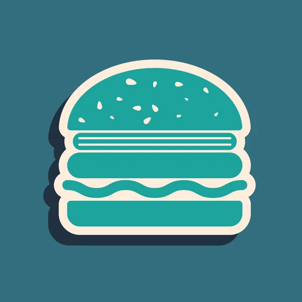 Green Burger icon isolated on blue background. Hamburger icon. Cheeseburger sandwich sign. Long shadow style. Vector Illustration — Stock Vector