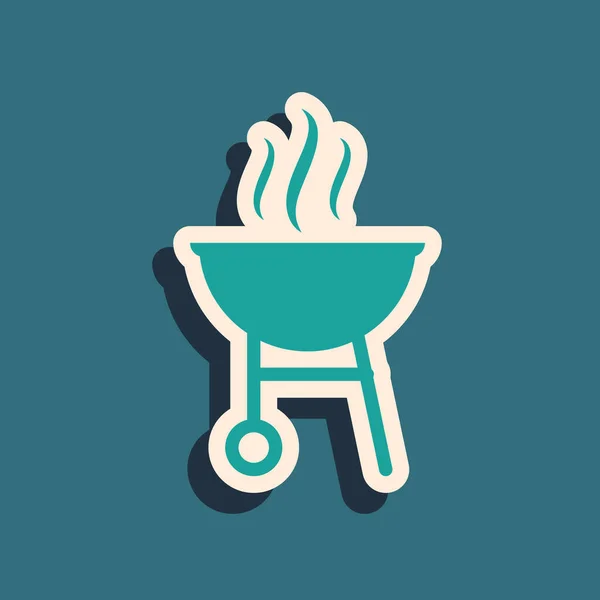 Green Barbecue grill icon isolated on blue background. BBQ grill party. Long shadow style. Vector Illustration — Stock Vector