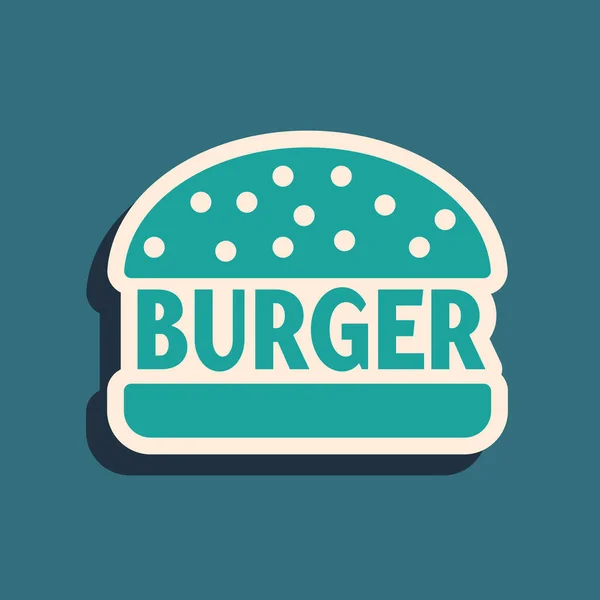 Grüne Burger-Symbol isoliert auf blauem Hintergrund. Hamburger Ikone. Cheeseburger Sandwich-Schild. Lange Schatten. Vektorillustration — Stockvektor