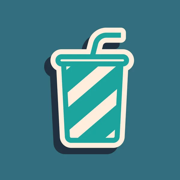 Grünes Glas mit Wassersymbol isoliert auf blauem Hintergrund. Soda-Trinkglas mit Trinkhalm. frisches Kaltgetränk Symbol. Lange Schatten. Vektorillustration — Stockvektor