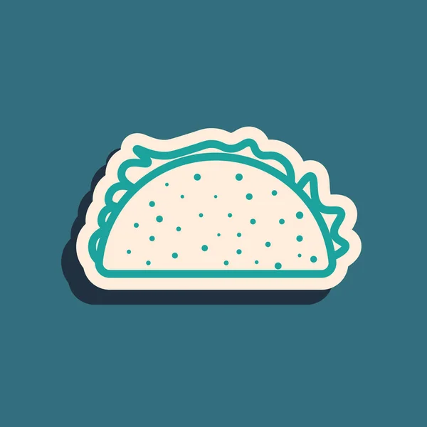 Grüner Taco mit Tortilla-Symbol auf blauem Hintergrund. traditionelles mexikanisches Fast Food. Lange Schatten. Vektorillustration — Stockvektor