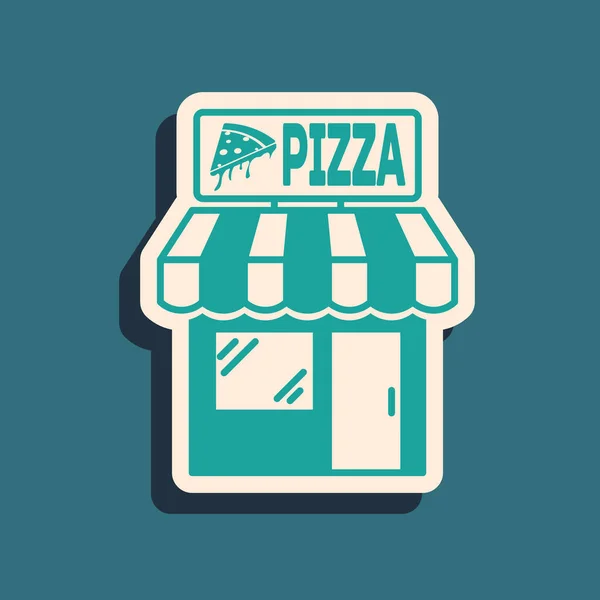 Ícone de fachada edifício Pizzaria verde isolado no fundo azul. Quiosque de pizzaria de comida rápida. Estilo de sombra longo. Ilustração vetorial — Vetor de Stock