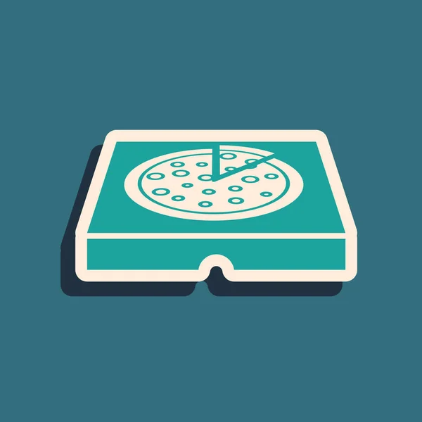 Pizza verde no ícone da caixa de papelão isolado no fundo azul. Caixa com elementos de layout. Estilo de sombra longo. Ilustração vetorial — Vetor de Stock