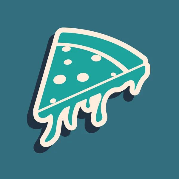Зеленый слайс пиццы иконка выделена на синем фоне. Длинный стиль тени. Векторная миграция — стоковый вектор