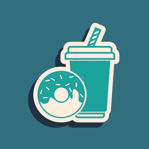 Bebida de soda verde con paja para beber y donut icono aislado sobre fondo azul. Un símbolo de comida rápida. Estilo de sombra larga. Ilustración vectorial — Archivo Imágenes Vectoriales