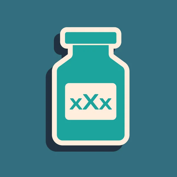 Green Medicine bottle with pills for potency, aphrodisiac icon isolated on blue background. Sex pills for men and women. Long shadow style. Vector Illustration — ストックベクタ