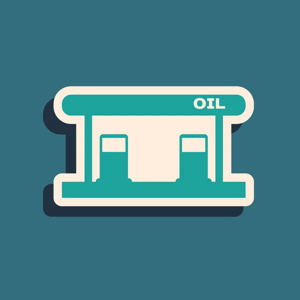 Green Gas filling station icon isolated on blue background. Transport related service building Gasoline and oil station. Long shadow style. Vector Illustration — ストックベクタ